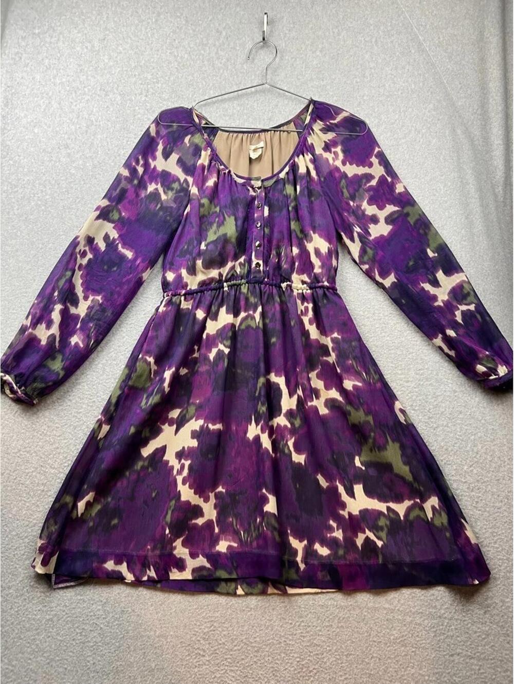 J. Crew Womens Fit Flare Chiffon Silk Dress Size 0 Water Color Long Sleeve Boho